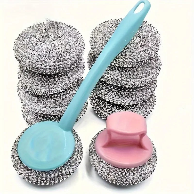 10pcs Stainless Steel Scrubbers with Handles - Non-Stick, Detachable Kitchen Cleaning Balls for Pots & Pans, Gentle on Surfaces