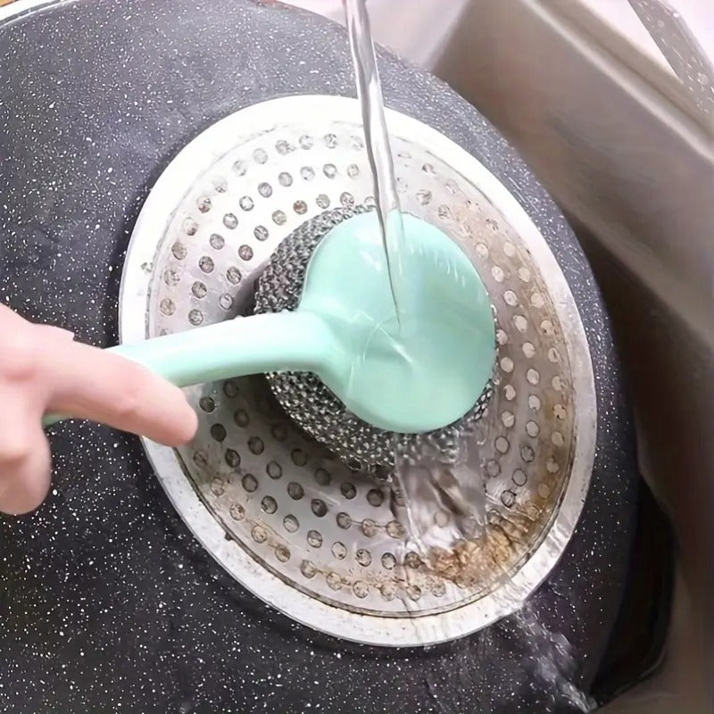 10pcs Stainless Steel Scrubbers with Handles - Non-Stick, Detachable Kitchen Cleaning Balls for Pots & Pans, Gentle on Surfaces